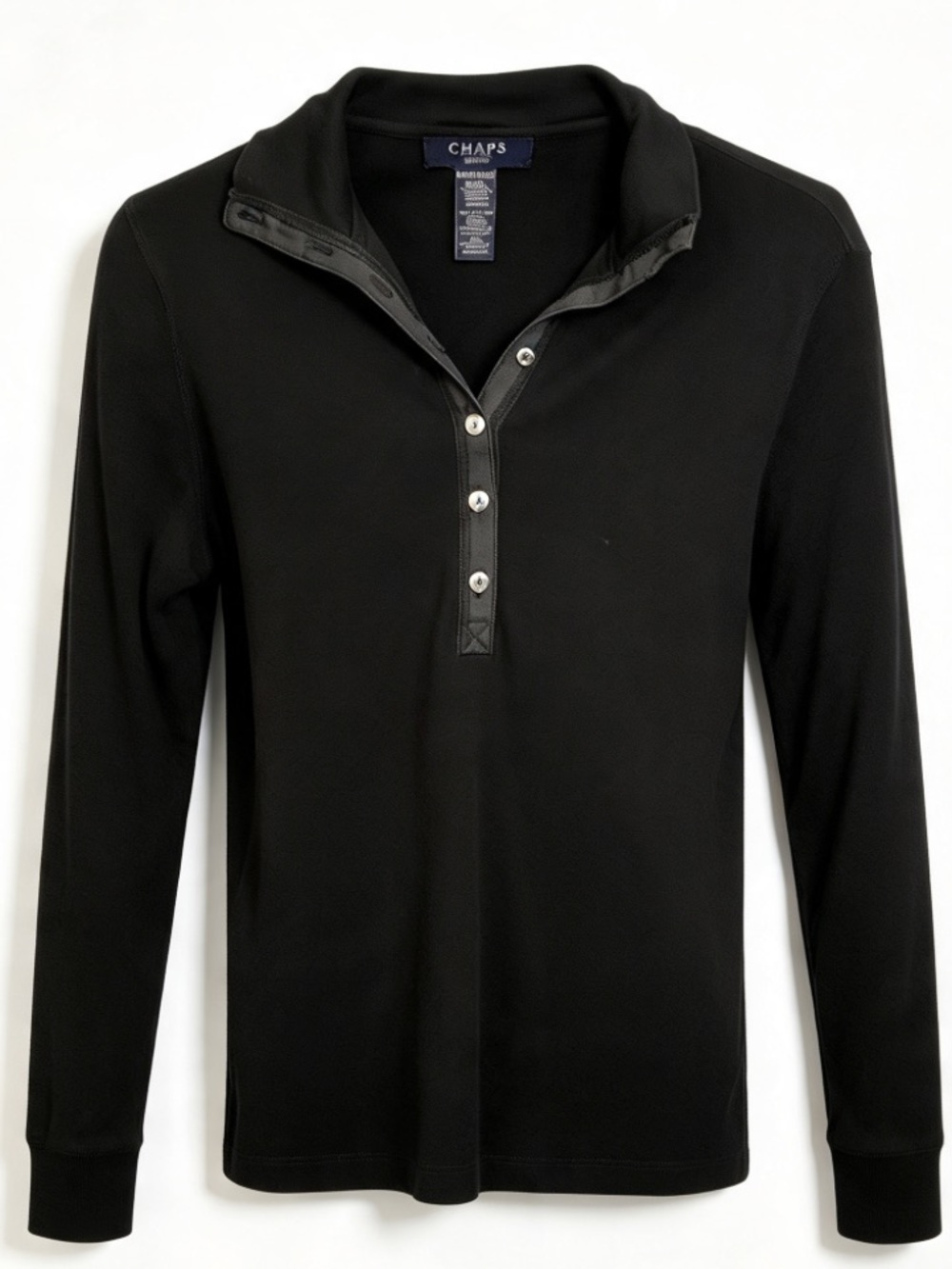 Chaps Petite Black 100% Cotton Long Sleeve Snap Henley Top Shirt XS